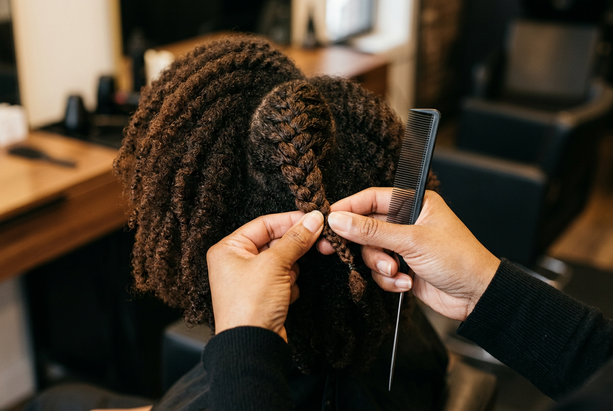 Salon professional hands arranging styling tools at a clean dark workstation
