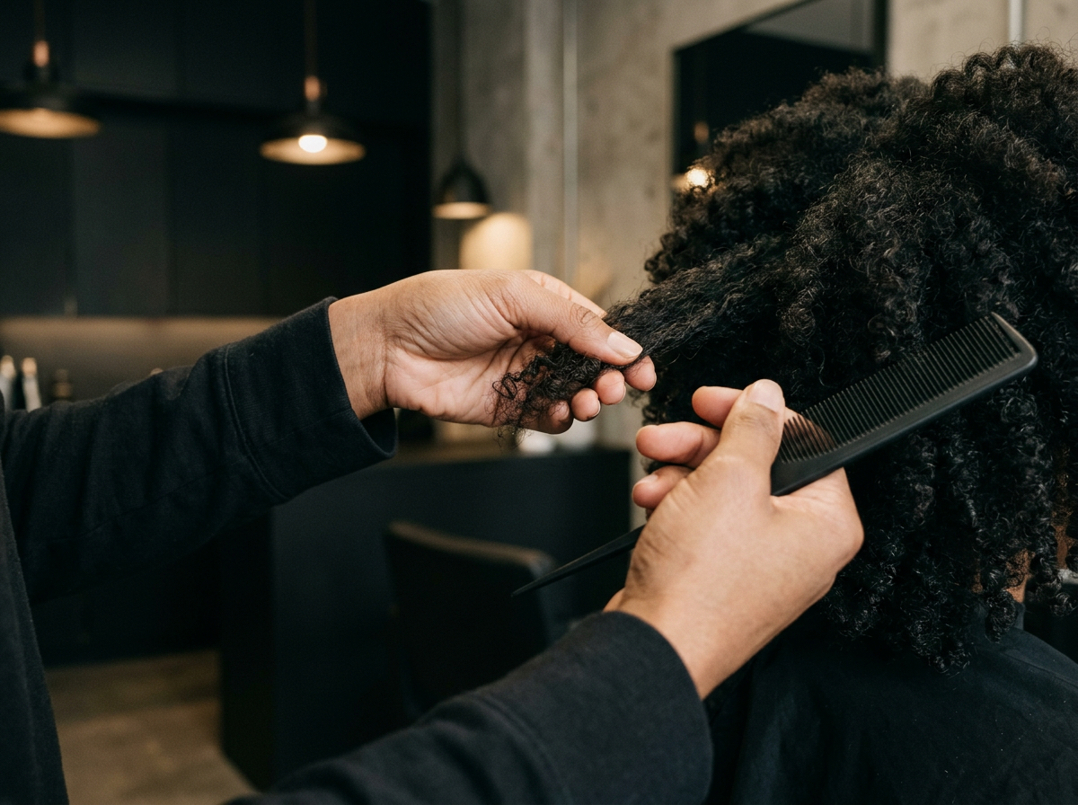 Stylist hands reviewing a hair consultation card beside professional salon tools
