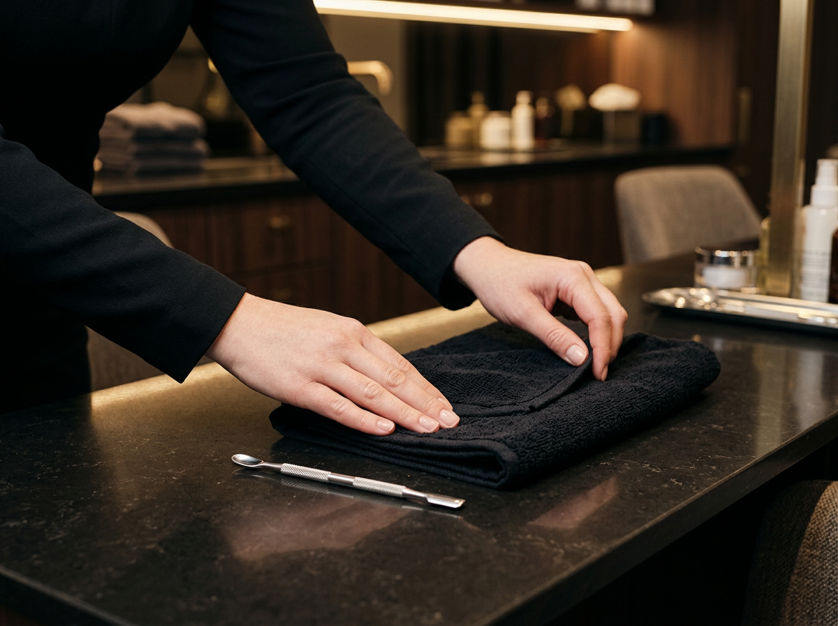 Manicurist hands providing precise nail care at a clean beauty station