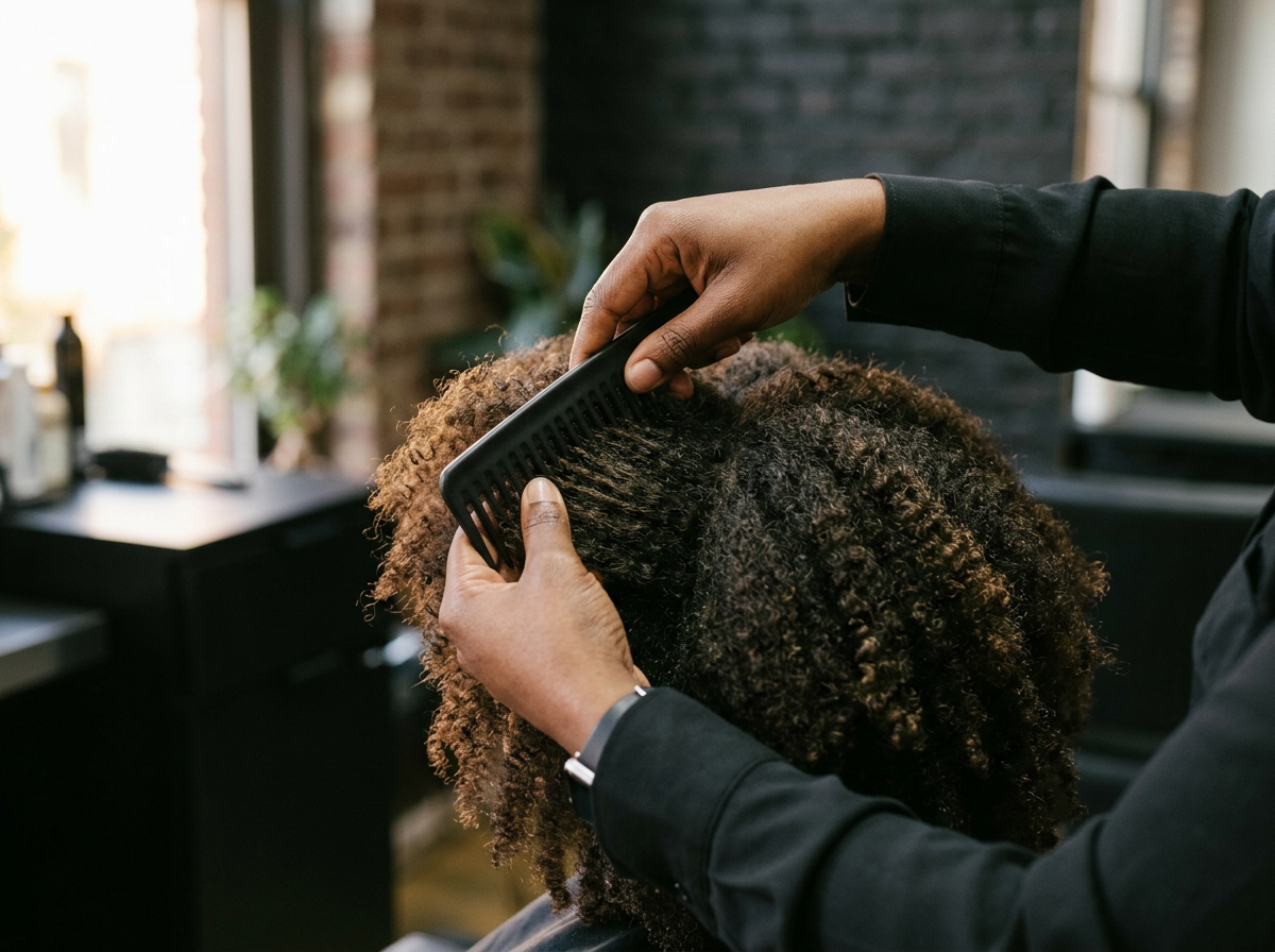 Stylist hands carefully working with natural textured hair in a professional salon