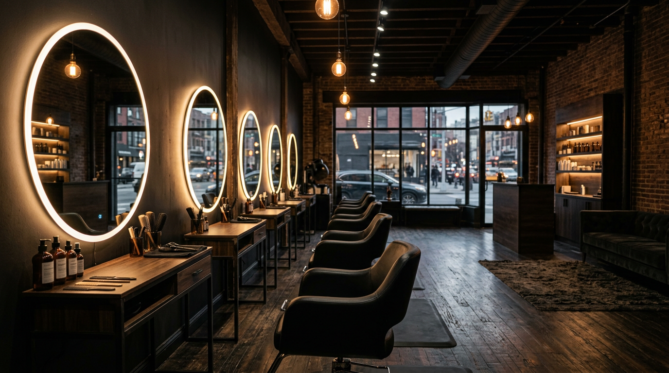 Dark Brooklyn salon interior with round lit mirrors and black styling chairs