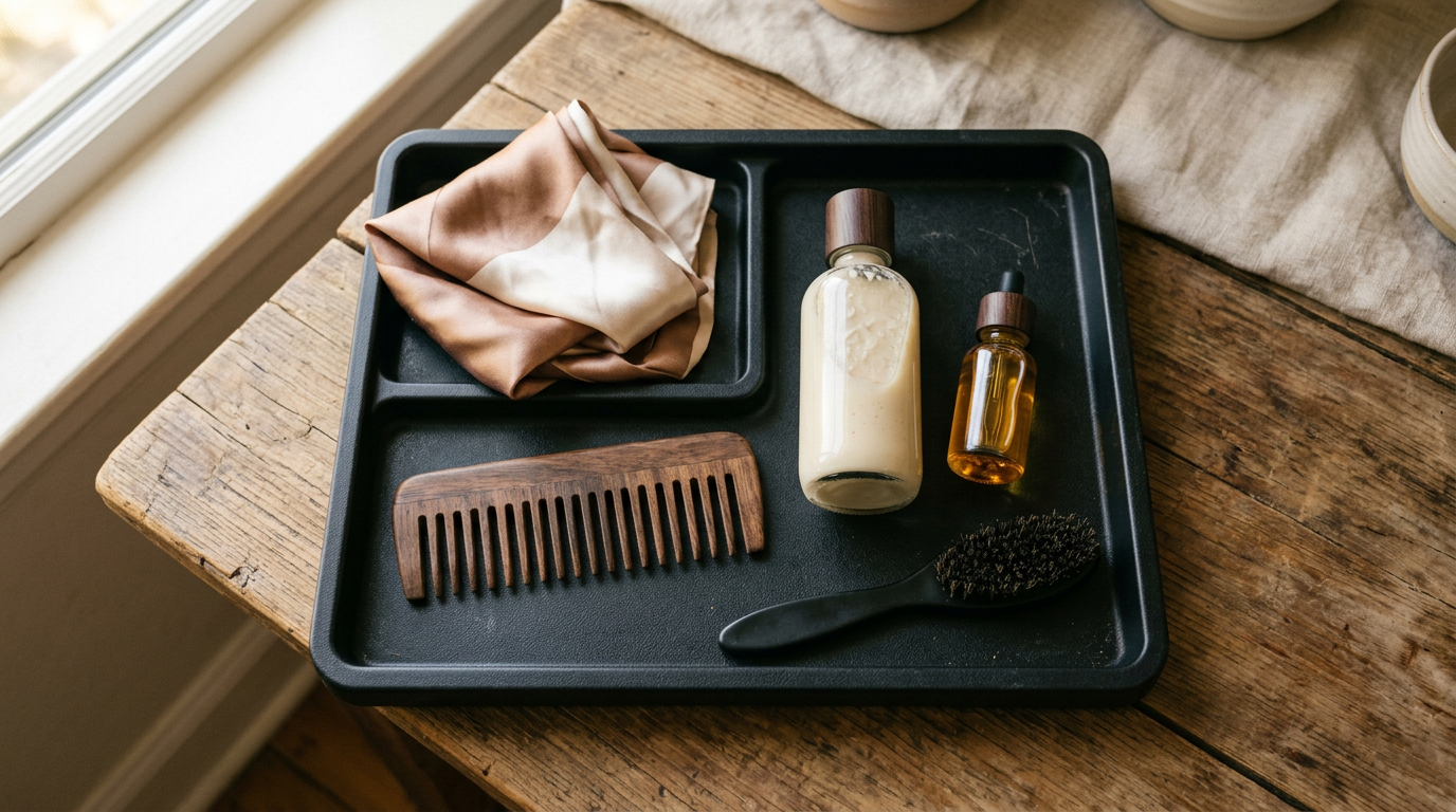 Hair care essentials on a tray: satin scarf, wooden comb, conditioner, oil and edge brush