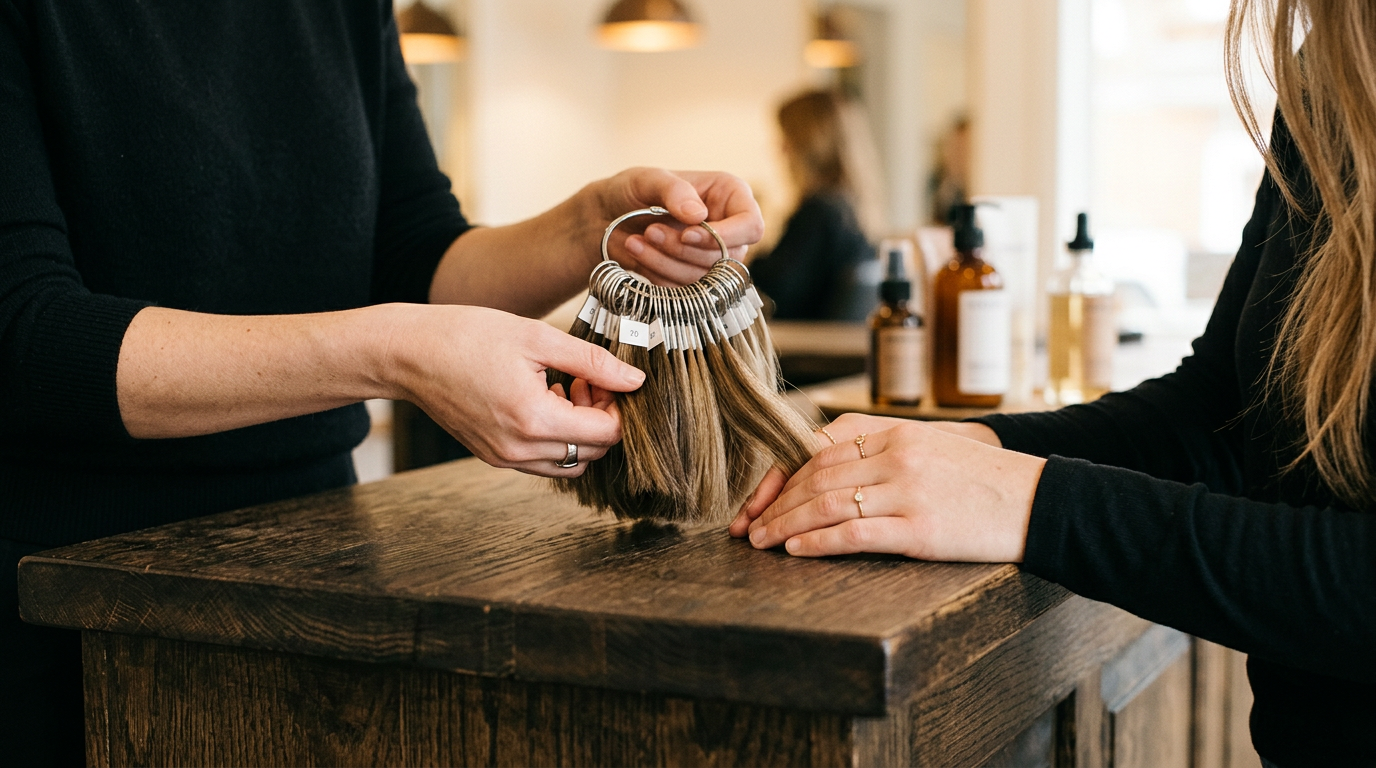 Stylist showing a client hair color swatches during a consultation
