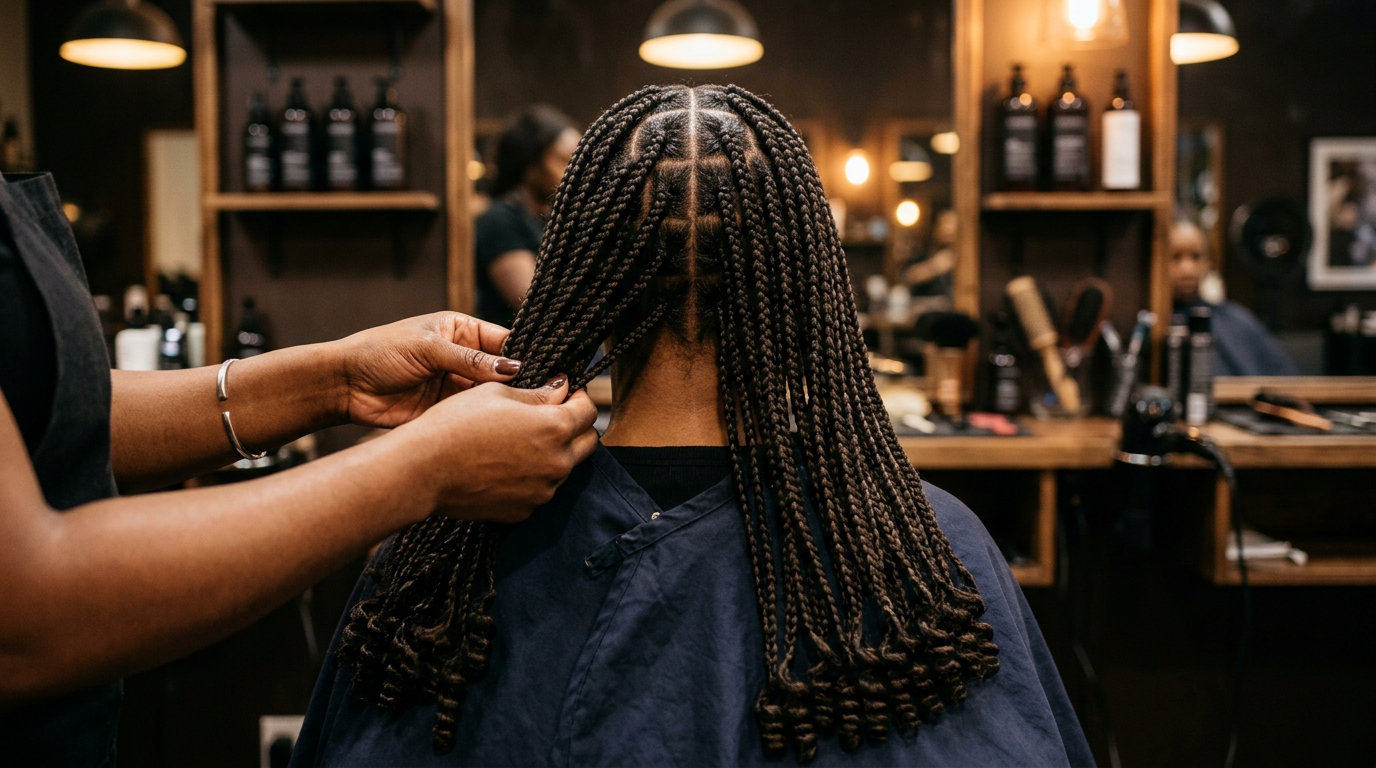 Stylist hands finishing long knotless box braids from behind