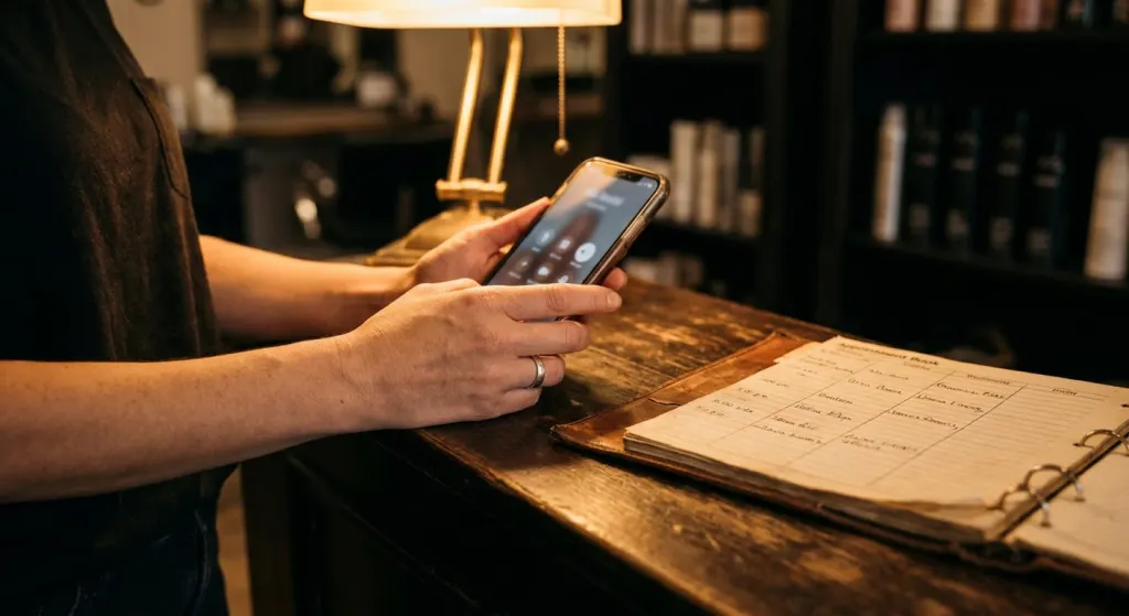 Client's hands holding a smartphone at a dark wooden salon reception counter beside an appointment book, calling to book