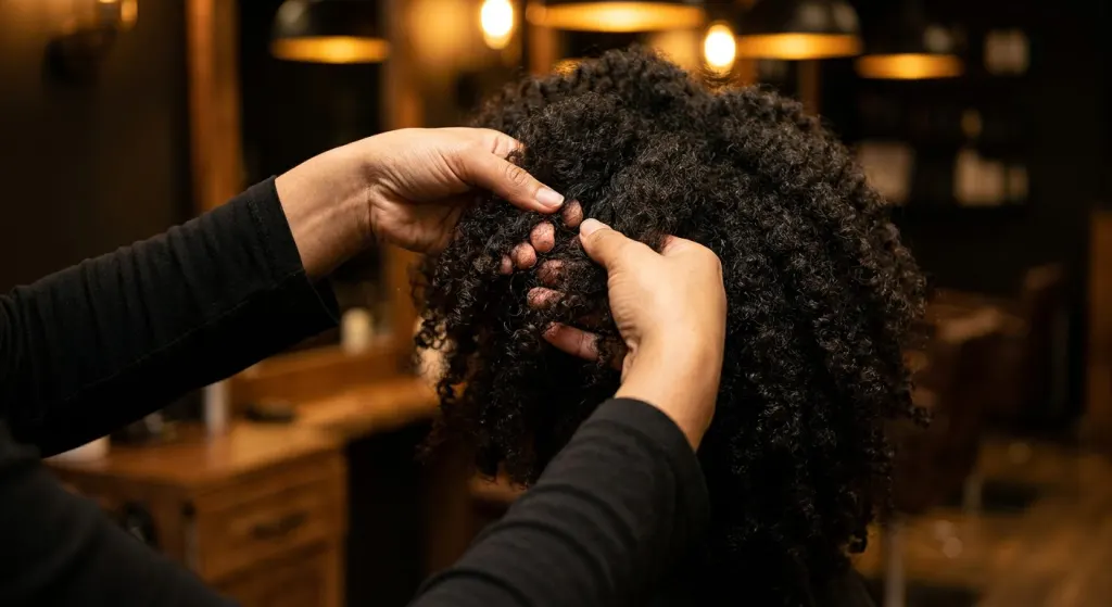 Stylist's hands lifting a section of natural curly textured hair during a salon consultation