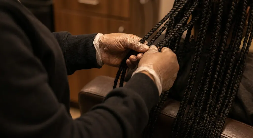 Gloved stylist hands braiding long knotless box braids in a Brooklyn salon
