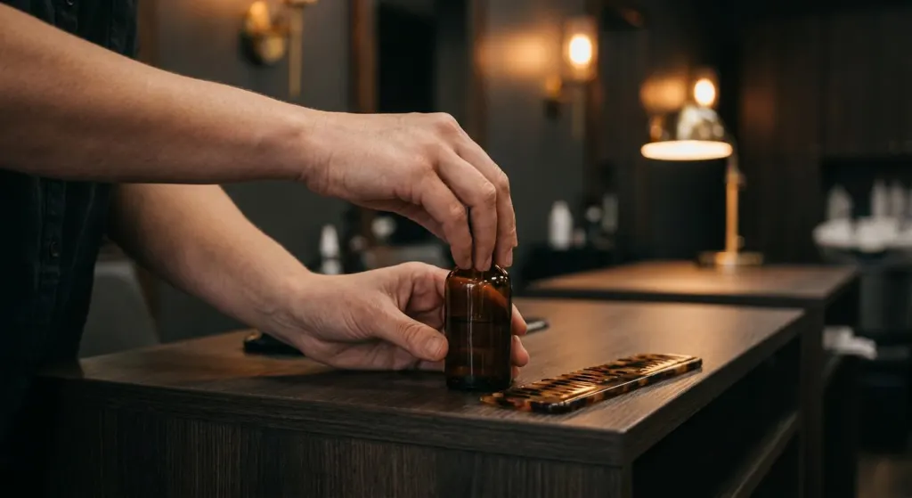 Hands placing an amber hair oil bottle beside a comb on a salon station for aftercare
