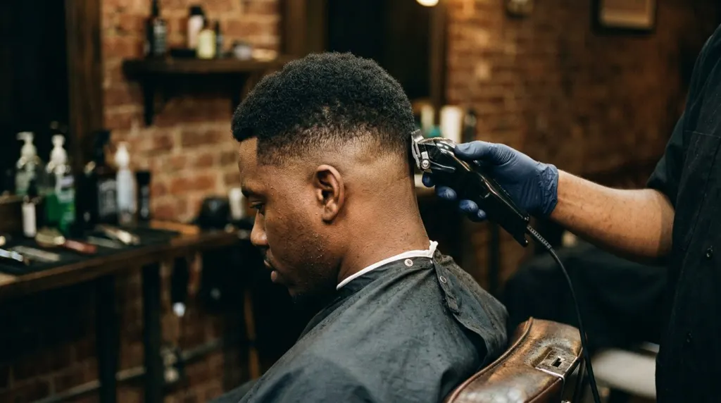 Barber giving a man a skin fade with electric clippers in a warm Brooklyn barbershop