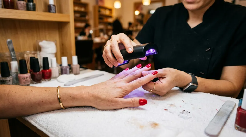 Nail technician curing a client's glossy red gel manicure under a handheld LED nail lamp