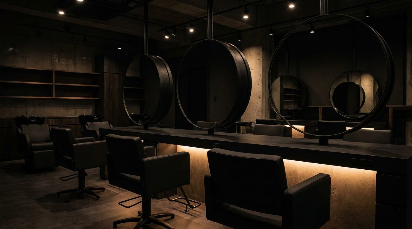 Dark professional salon stations prepared for hair and braid appointments